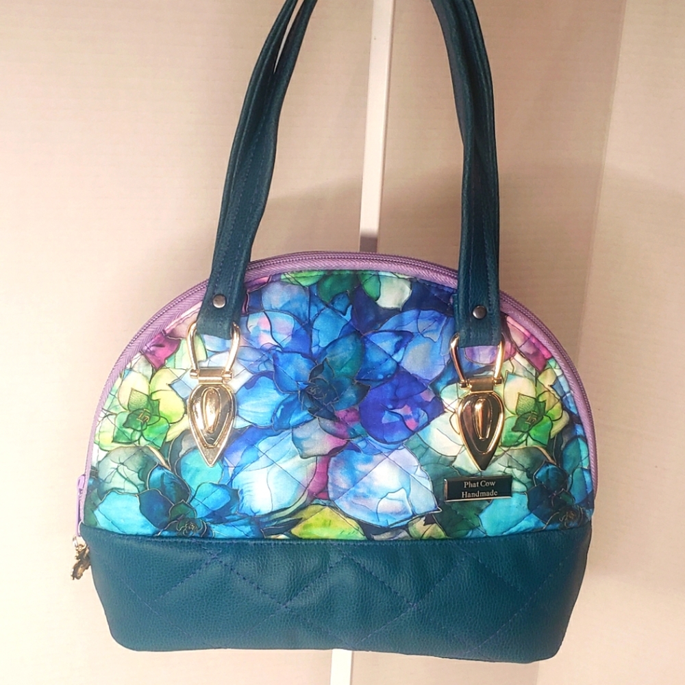 Handmade Quilted Teal And Floral  Mini Handbag